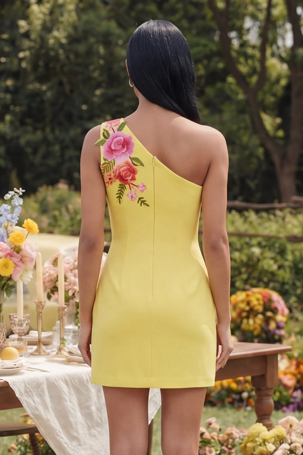 Yellow One Shoulder Bodycon Embroidered Floral Mini Dress - Image 2