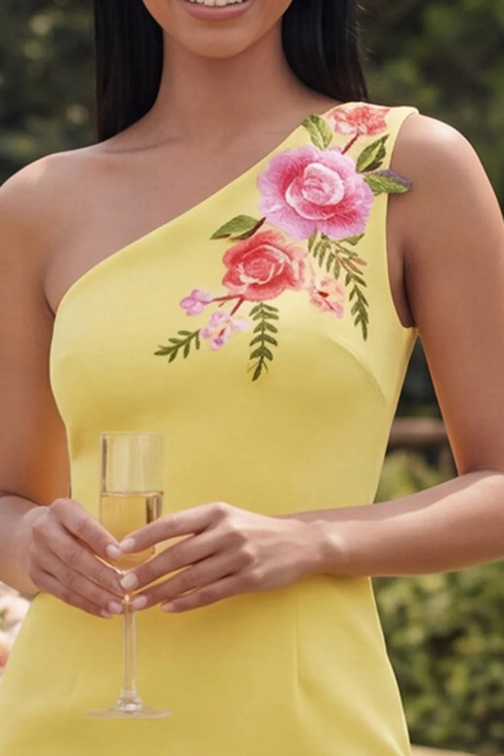 Yellow One Shoulder Bodycon Embroidered Floral Mini Dress - Image 3
