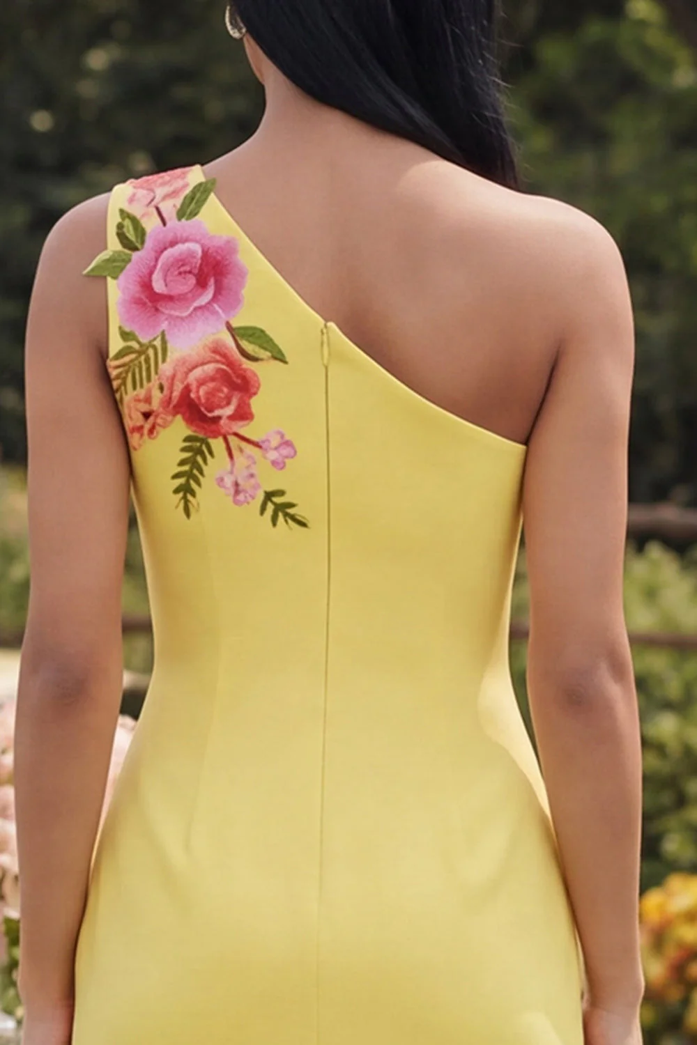 Yellow One Shoulder Bodycon Embroidered Floral Mini Dress - Image 4
