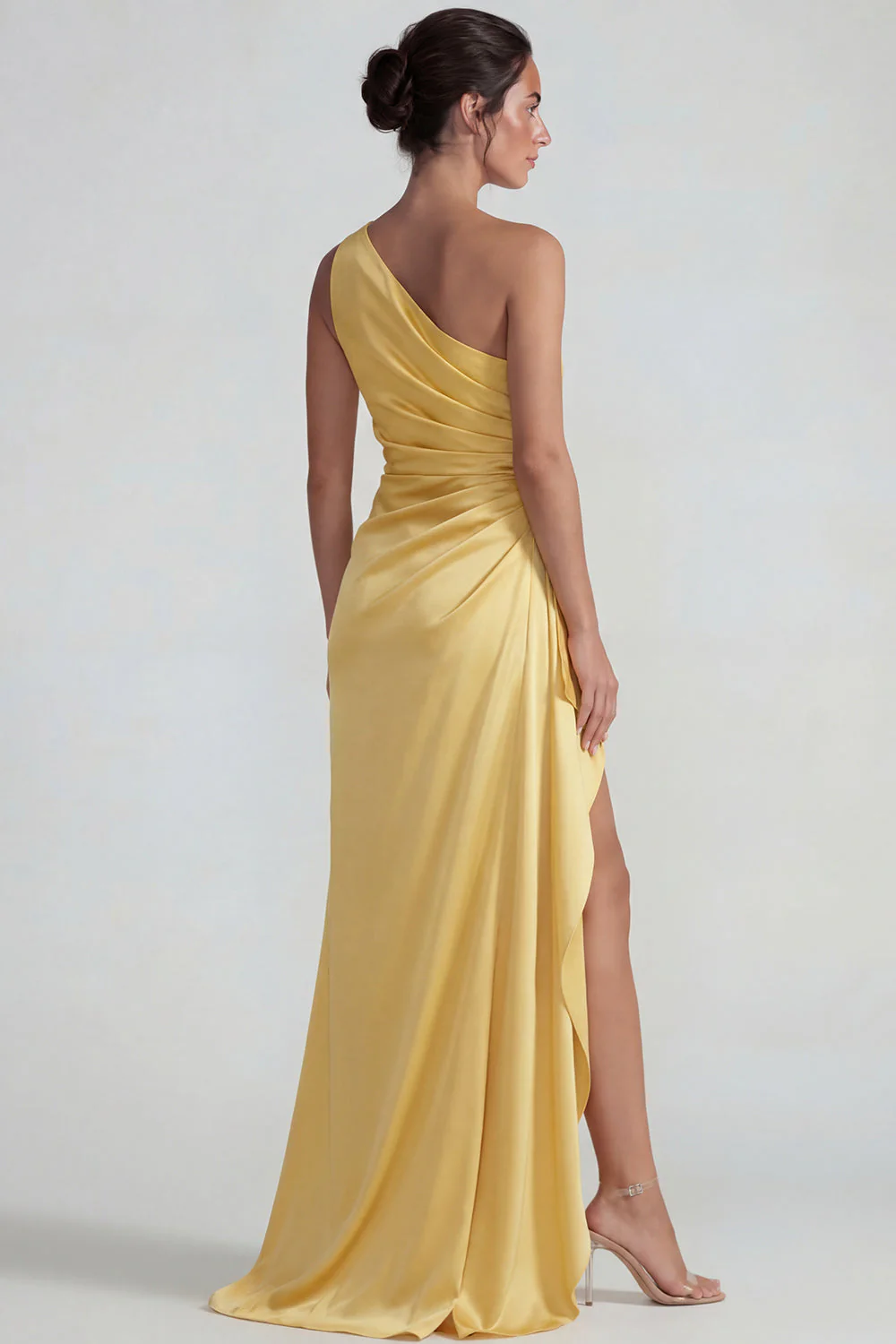 One Shoulder Yellow Sheath Ruched Satin Long Evening Dress with Ruffle Slit - Image 2