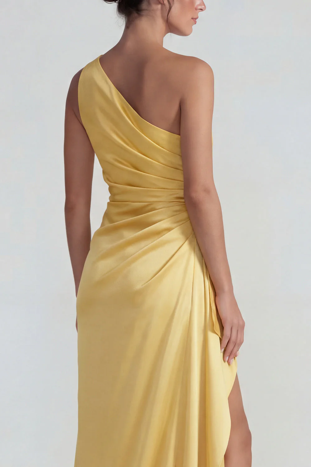 One Shoulder Yellow Sheath Ruched Satin Long Evening Dress with Ruffle Slit - Image 4