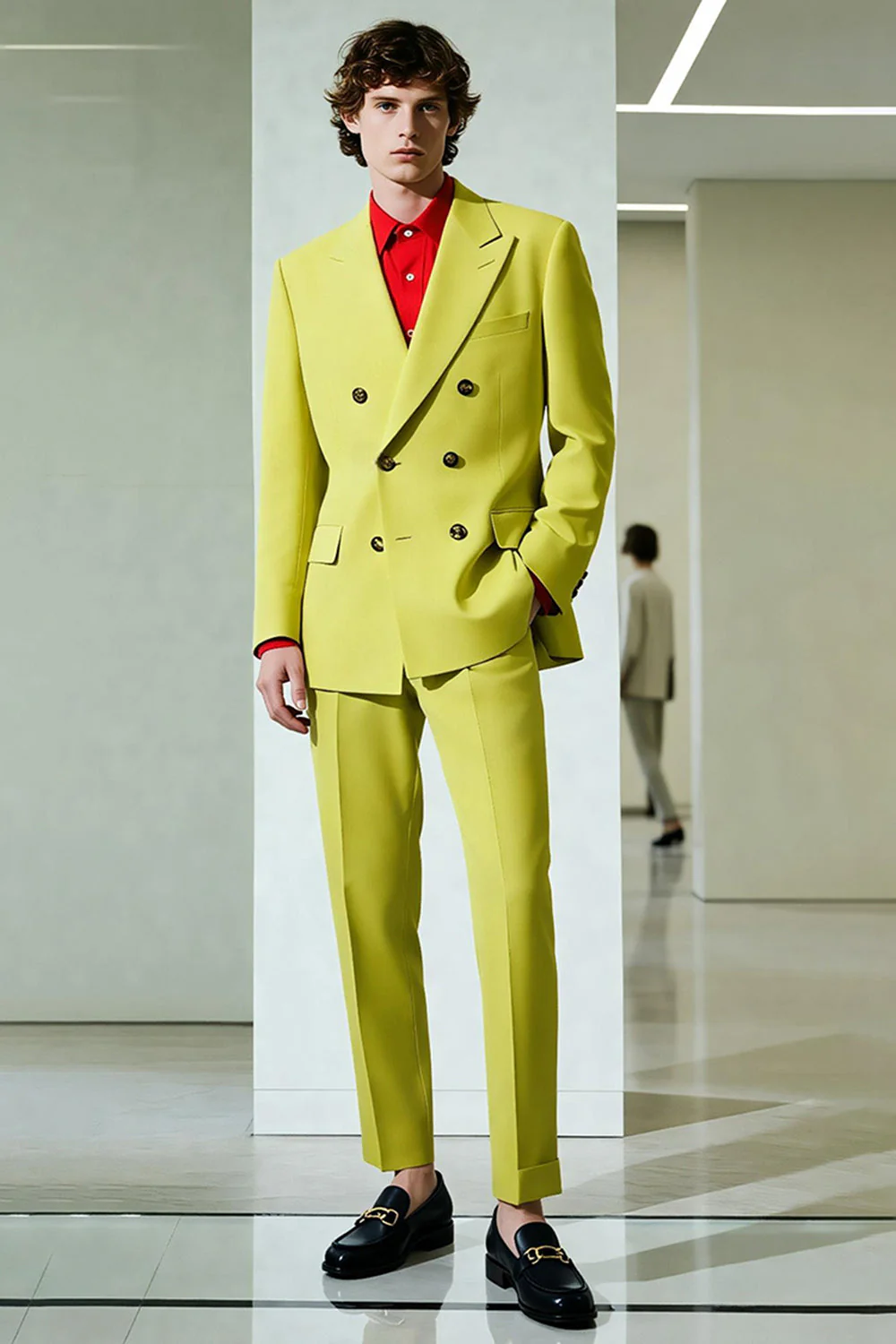 Yellow Peak Lapel Double Breasted Men Formal Blazer - Image 2