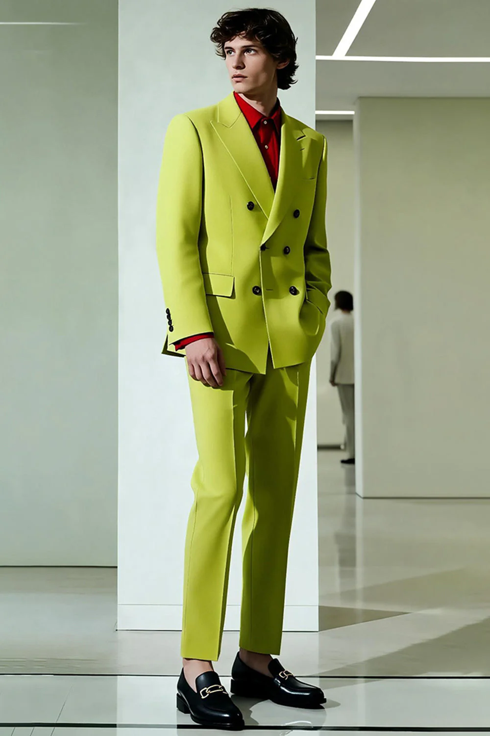 Yellow Peak Lapel Double Breasted Men Formal Blazer - Image 4