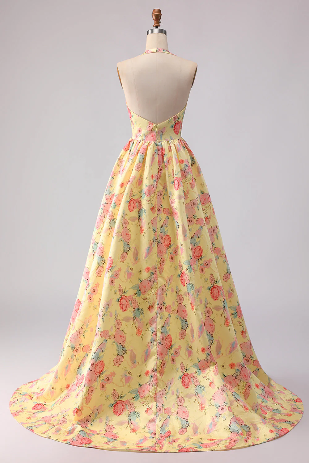 Yellow Pink Floral Deep V Neck A Line Open Back Long Prom Dress with Slit - Image 4