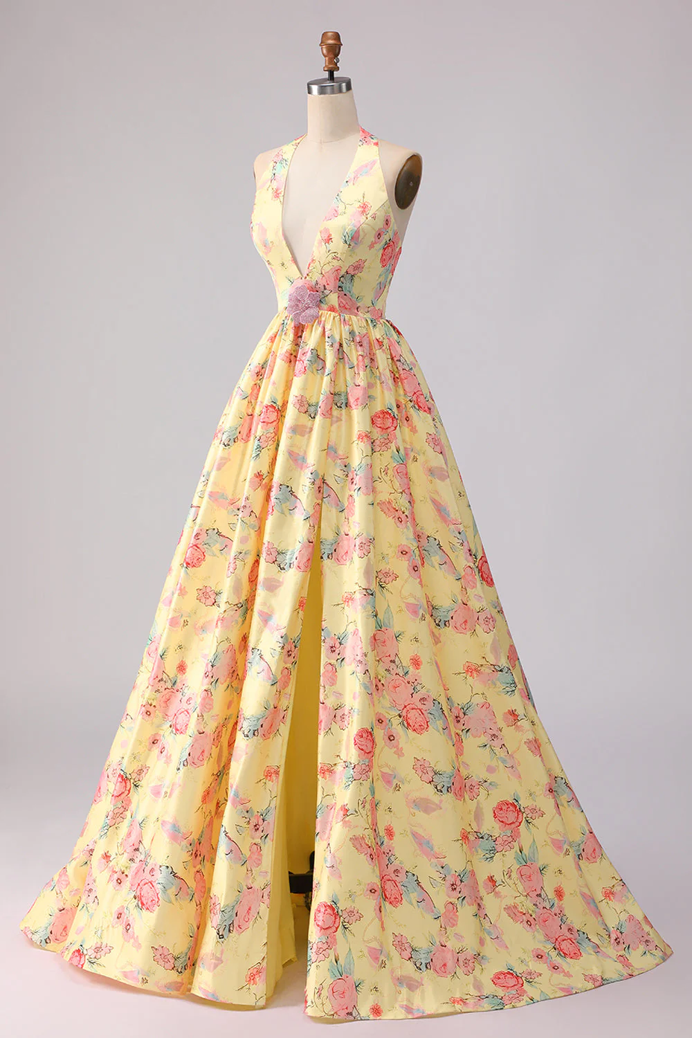 Yellow Pink Floral Deep V Neck A Line Open Back Long Prom Dress with Slit - Image 5