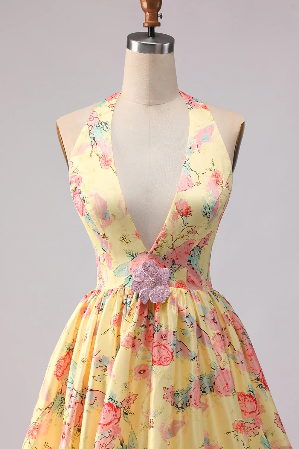 Yellow Pink Floral Deep V Neck A Line Open Back Long Prom Dress with Slit - Image 6