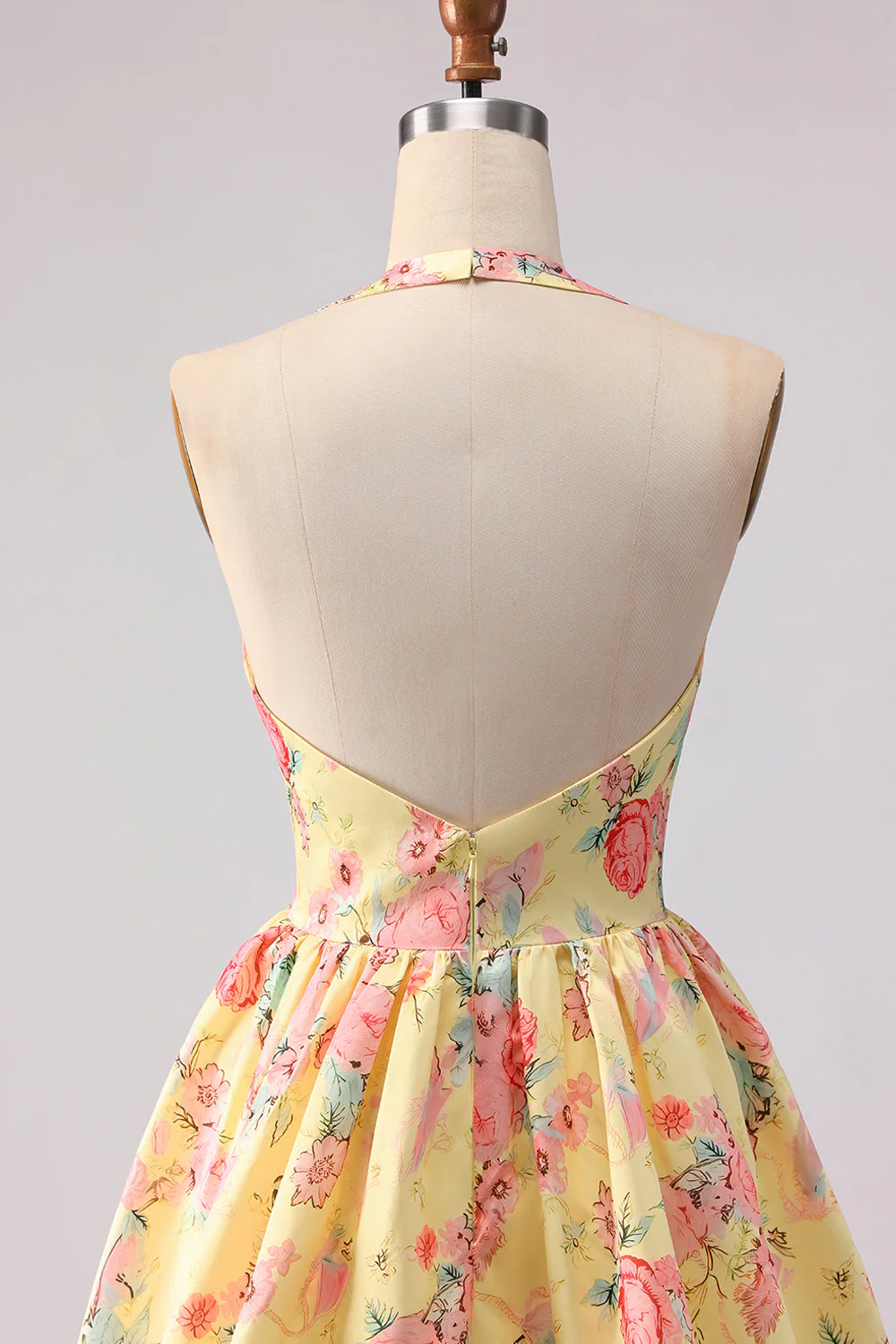 Yellow Pink Floral Deep V Neck A Line Open Back Long Prom Dress with Slit - Image 7
