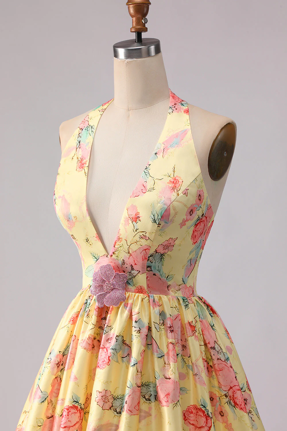 Yellow Pink Floral Deep V Neck A Line Open Back Long Prom Dress with Slit - Image 8