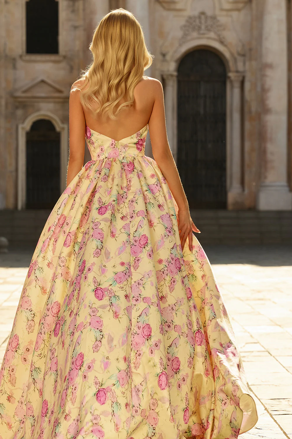 Yellow Pink Flowers A Line Deep V Neck Long Prom Dress with Slit - Image 2