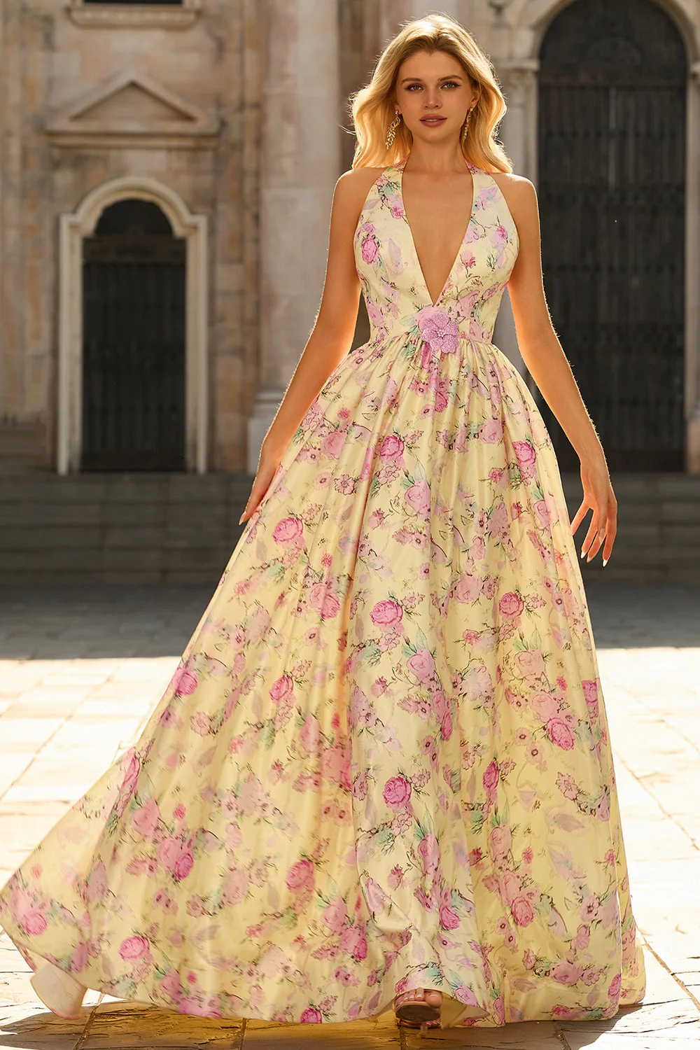 Yellow Pink Flowers A Line Deep V Neck Long Prom Dress with Slit - Image 3