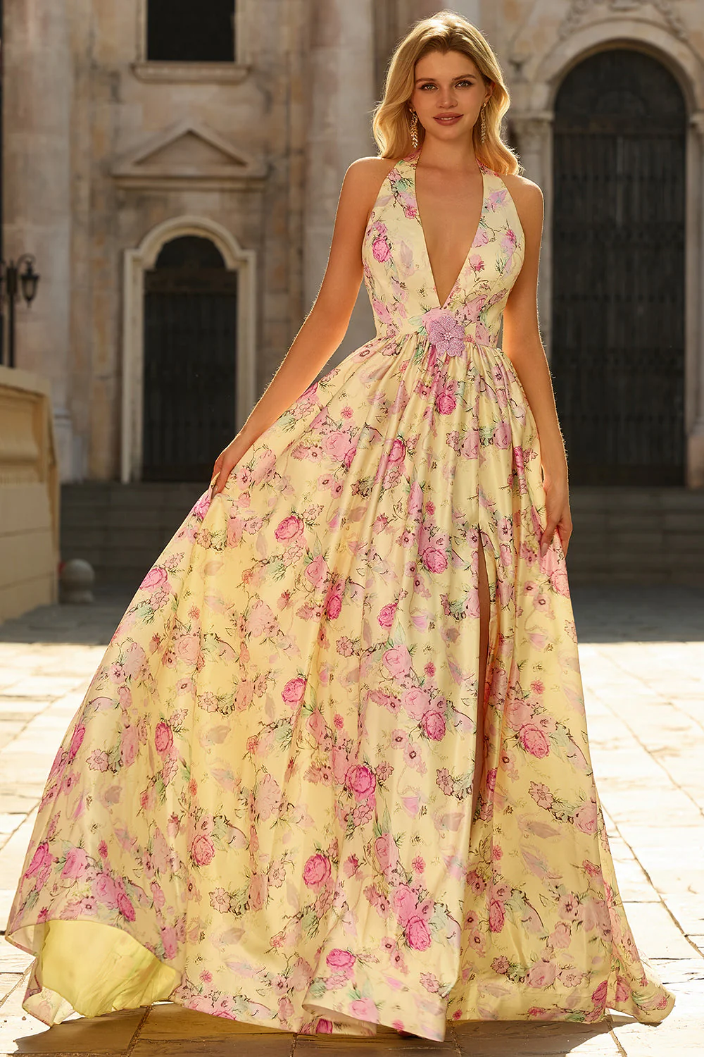 Yellow Pink Flowers A Line Deep V Neck Long Prom Dress with Slit - Image 6