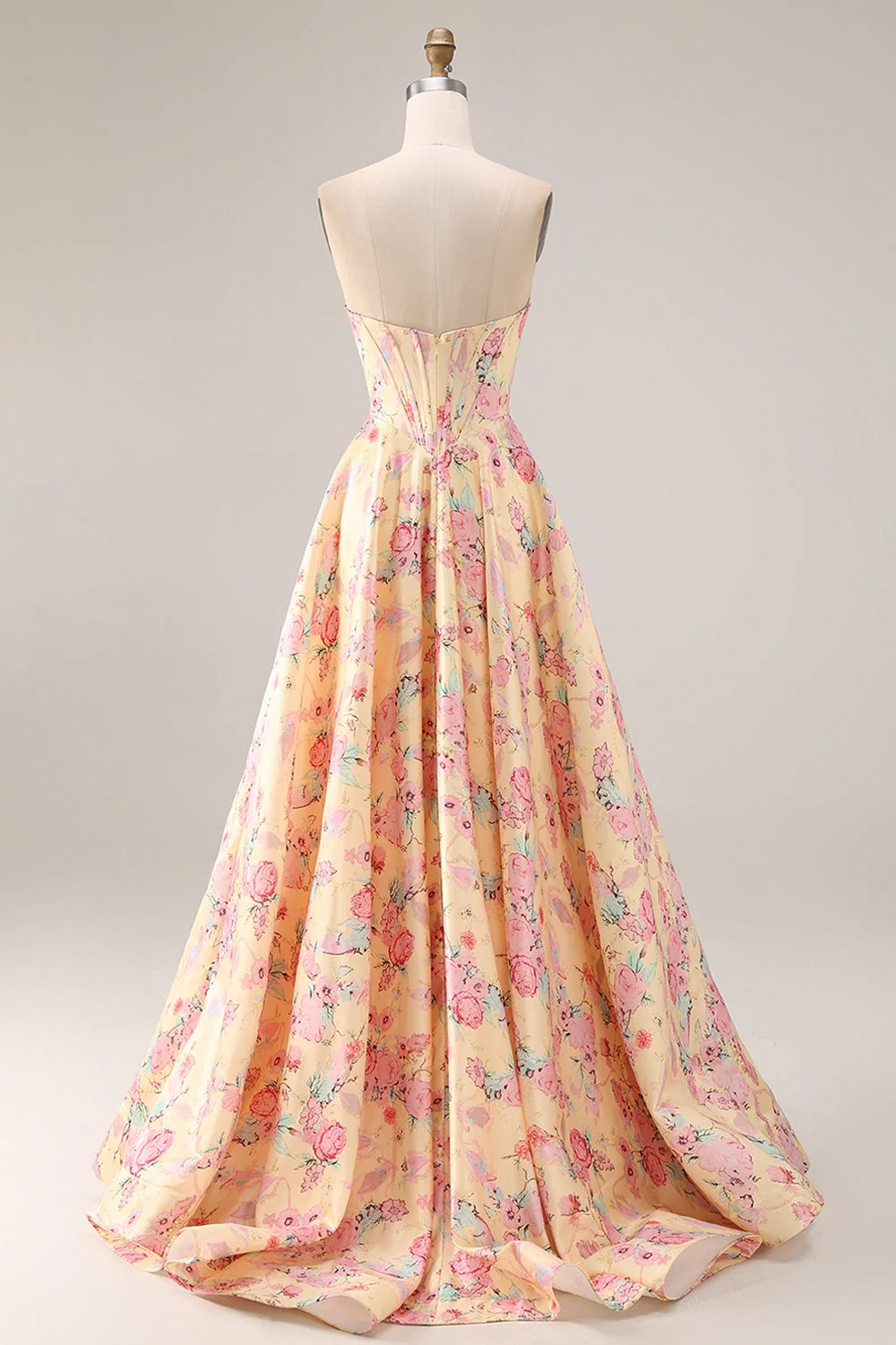 Strapless Basque Waist Yellow Pink Flowers A Line Long Prom Dress with Slit - Image 2