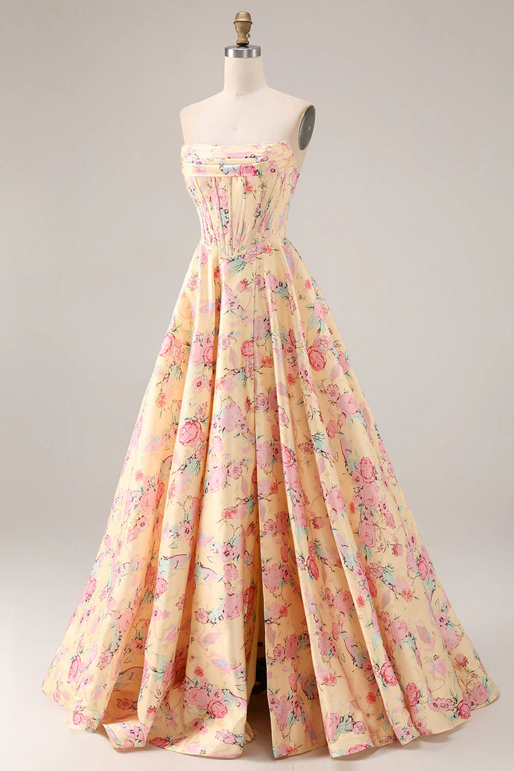 Strapless Basque Waist Yellow Pink Flowers A Line Long Prom Dress with Slit - Image 3