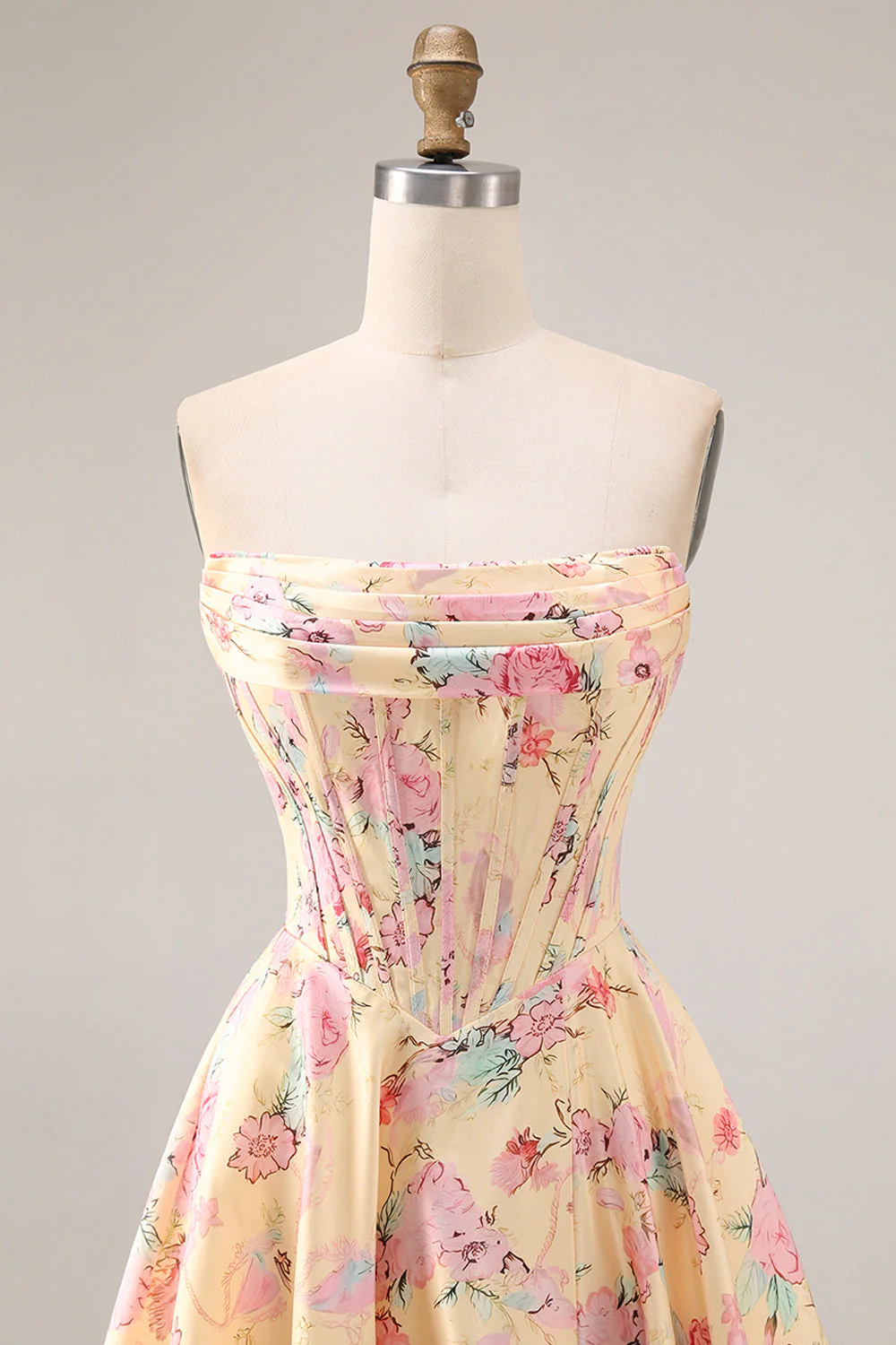 Strapless Basque Waist Yellow Pink Flowers A Line Long Prom Dress with Slit - Image 4