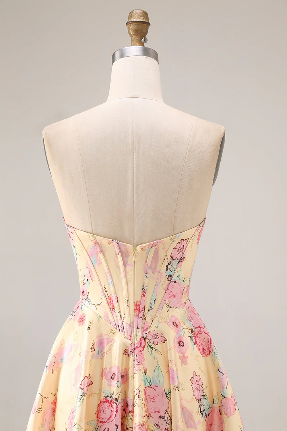 Strapless Basque Waist Yellow Pink Flowers A Line Long Prom Dress with Slit - Image 5