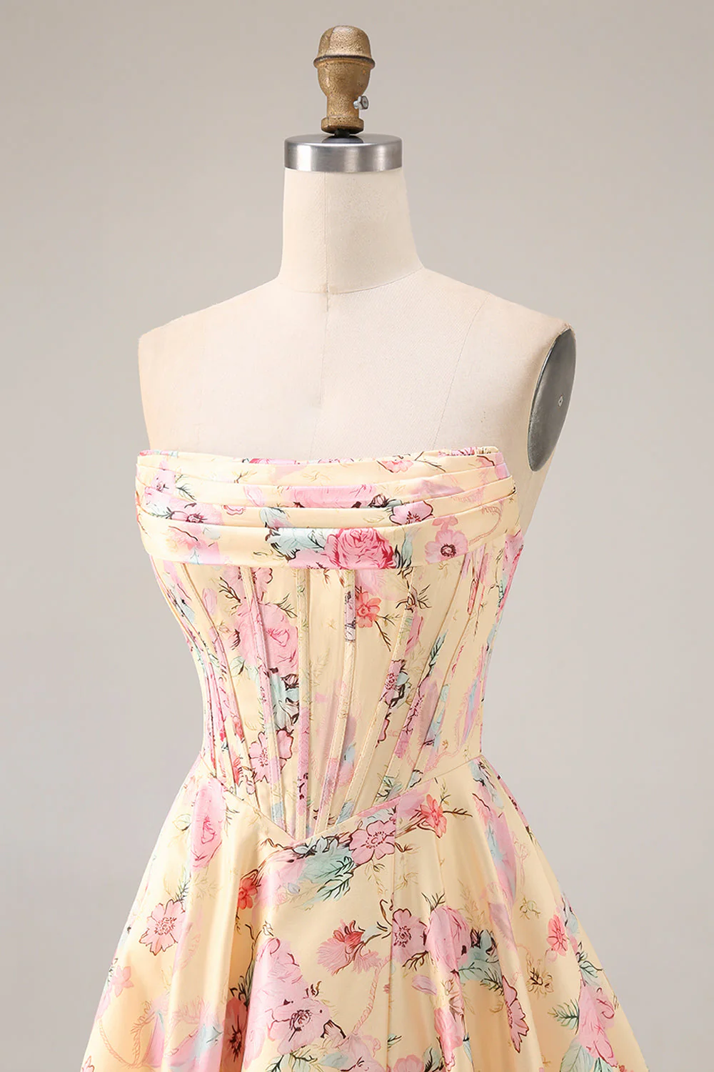Strapless Basque Waist Yellow Pink Flowers A Line Long Prom Dress with Slit - Image 6