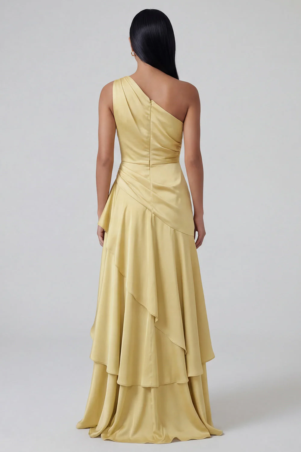 Yellow Ruffled A Line One Shoulder Maxi Dress with Slit - Image 2