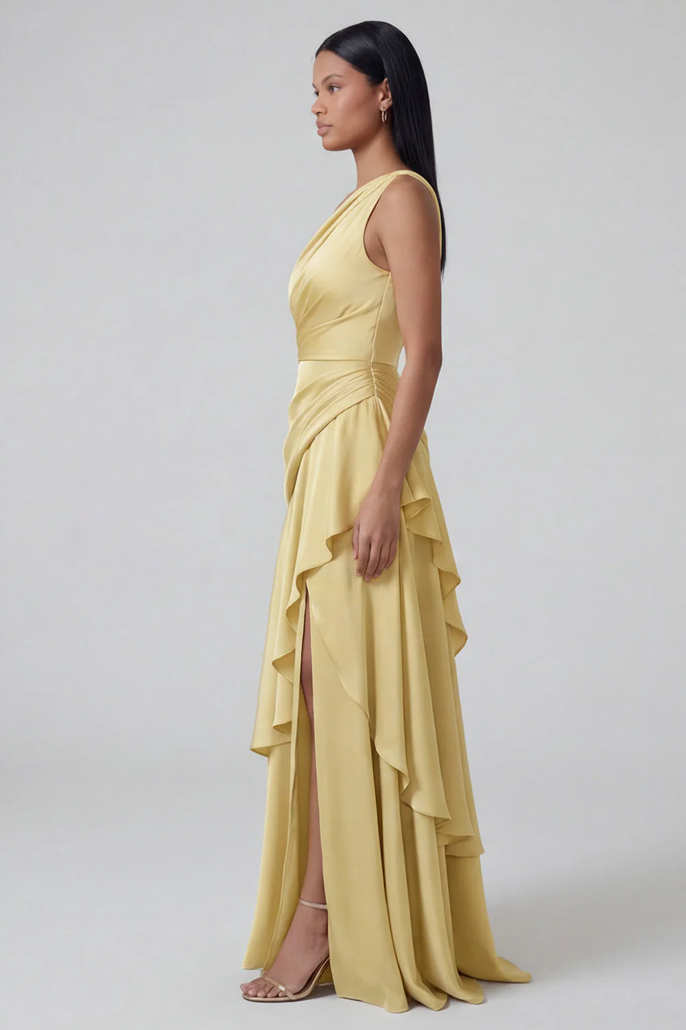 Yellow Ruffled A Line One Shoulder Maxi Dress with Slit - Image 3
