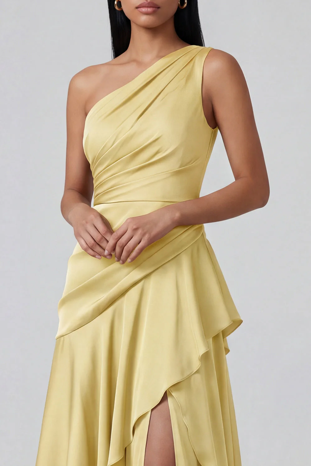 Yellow Ruffled A Line One Shoulder Maxi Dress with Slit - Image 4