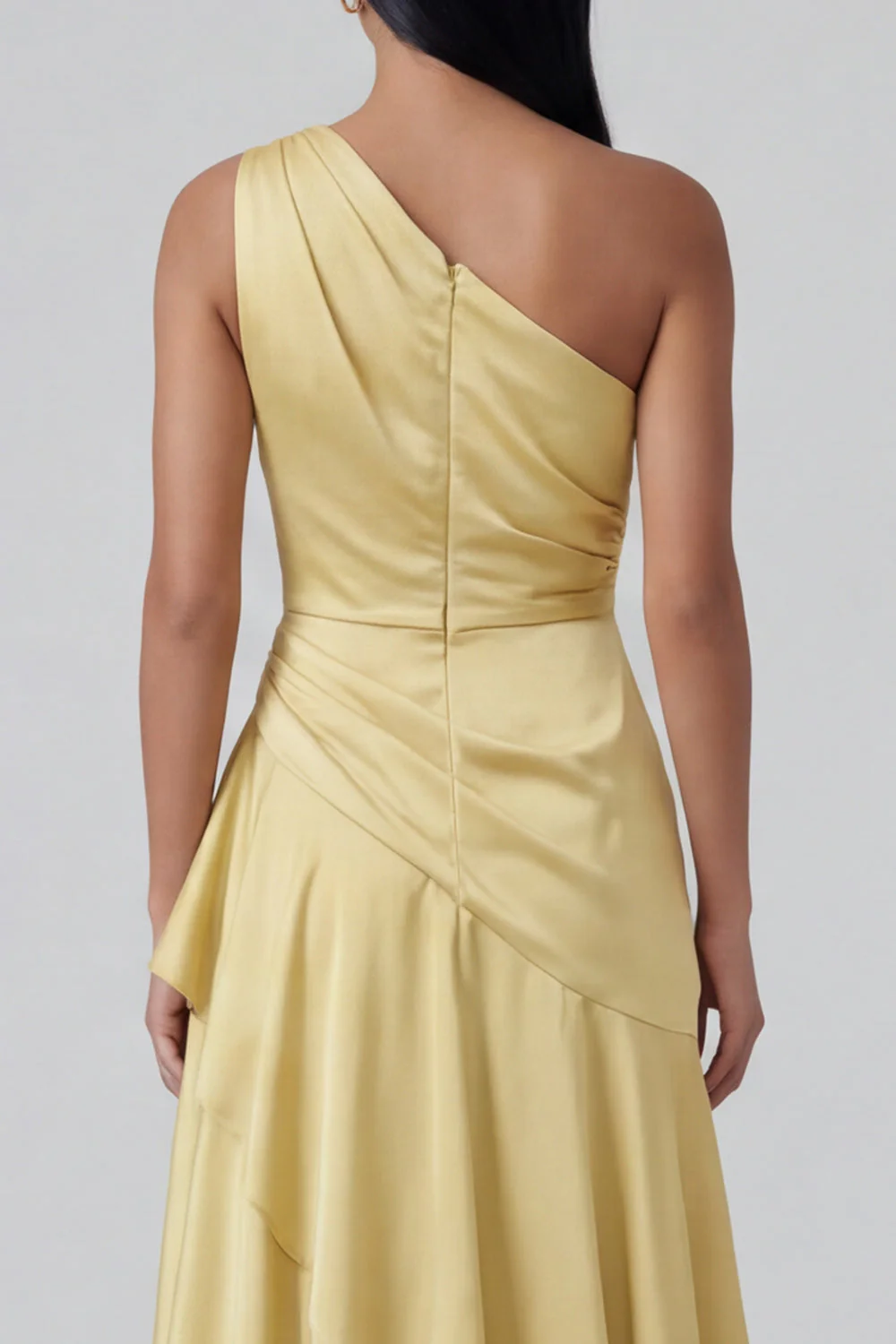Yellow Ruffled A Line One Shoulder Maxi Dress with Slit - Image 5