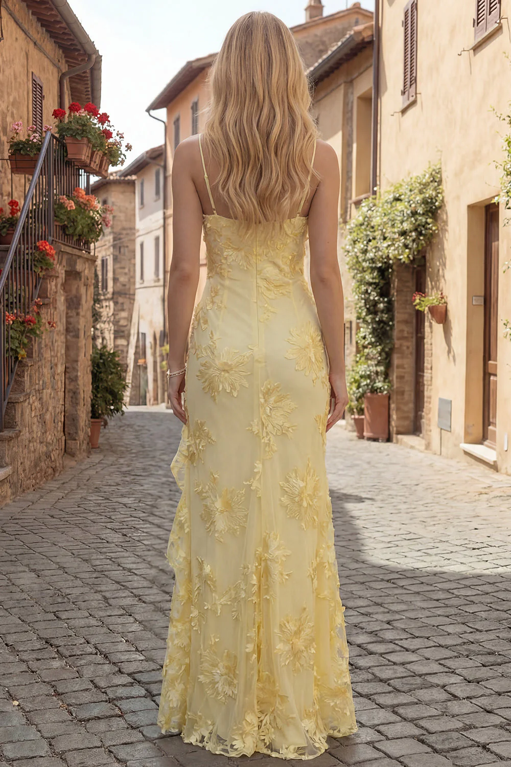 Yellow Sheath Floral Embroidered Long Prom Dress with Ruffle Slit - Image 2