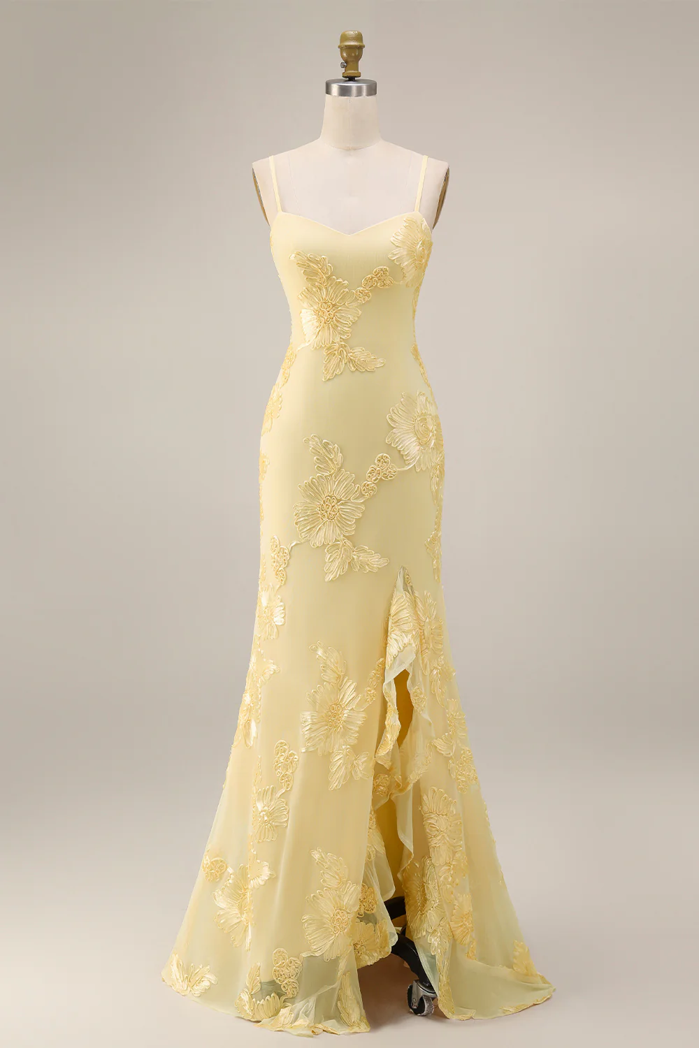 Yellow Sheath Floral Embroidered Long Prom Dress with Ruffle Slit - Image 5