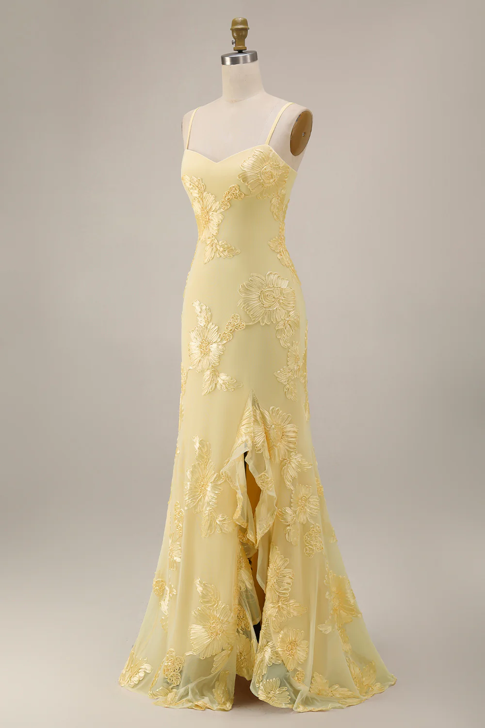 Yellow Sheath Floral Embroidered Long Prom Dress with Ruffle Slit - Image 7