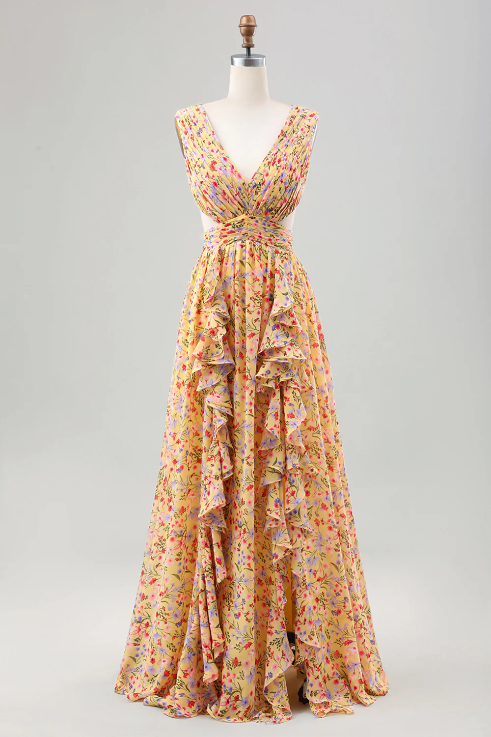 Yellow Small Flower A Line V Neck Pleated Wedding Party Guest Dress with Ruffles - Image 3
