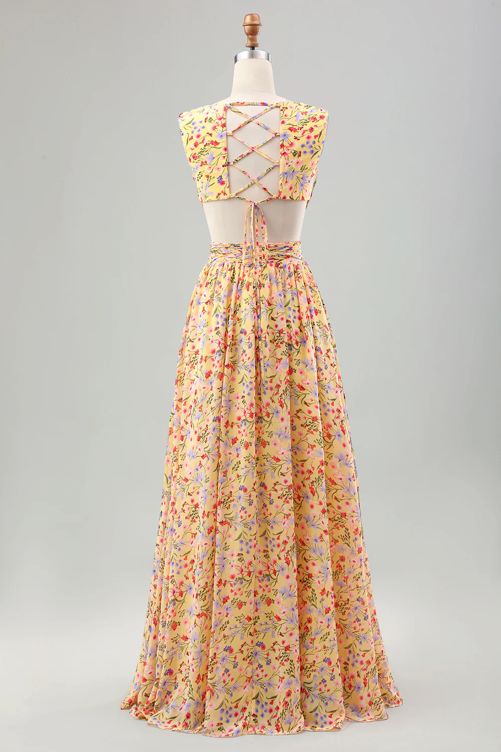 Yellow Small Flower A Line V Neck Pleated Wedding Party Guest Dress with Ruffles - Image 4