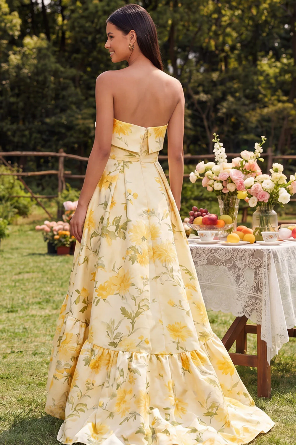 Yellow Strapless A Line Maxi Floral Dress - Image 2