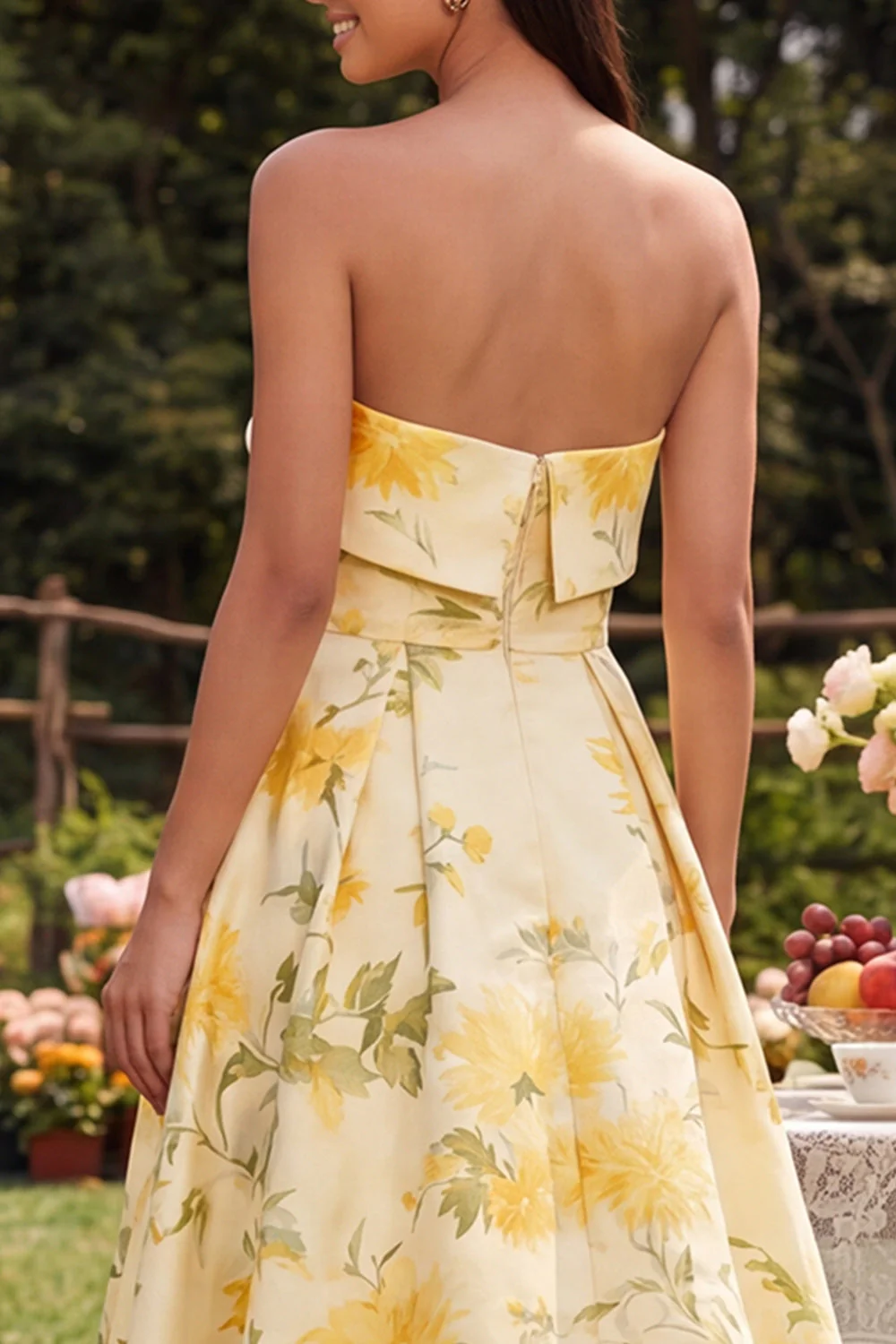 Yellow Strapless A Line Maxi Floral Dress - Image 4