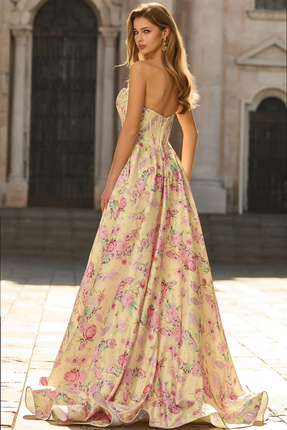 Yellow Strapless Floral A-Line Corset Backless Long Prom Dress with Slit - Image 2