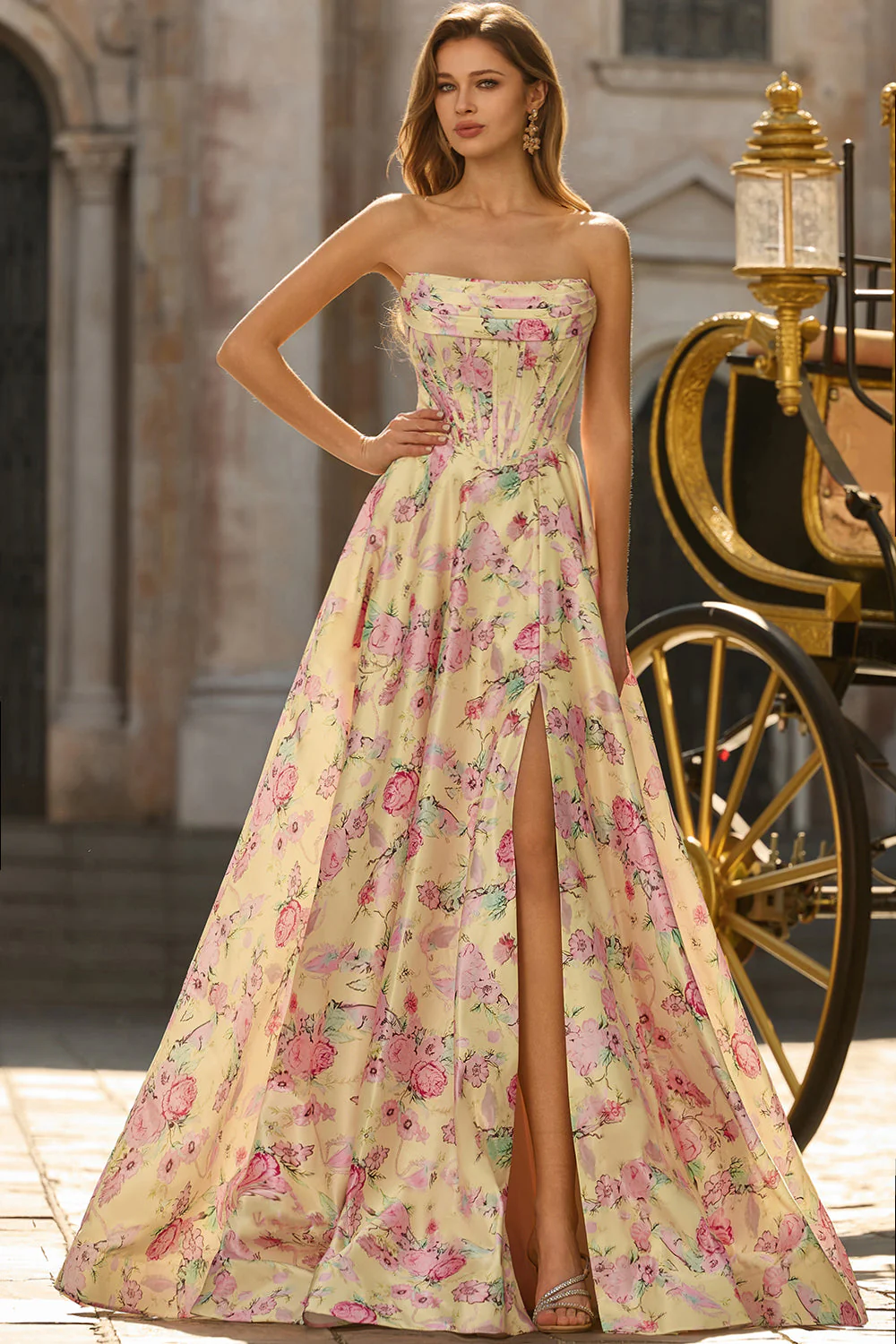 Yellow Strapless Floral A-Line Corset Backless Long Prom Dress with Slit - Image 3