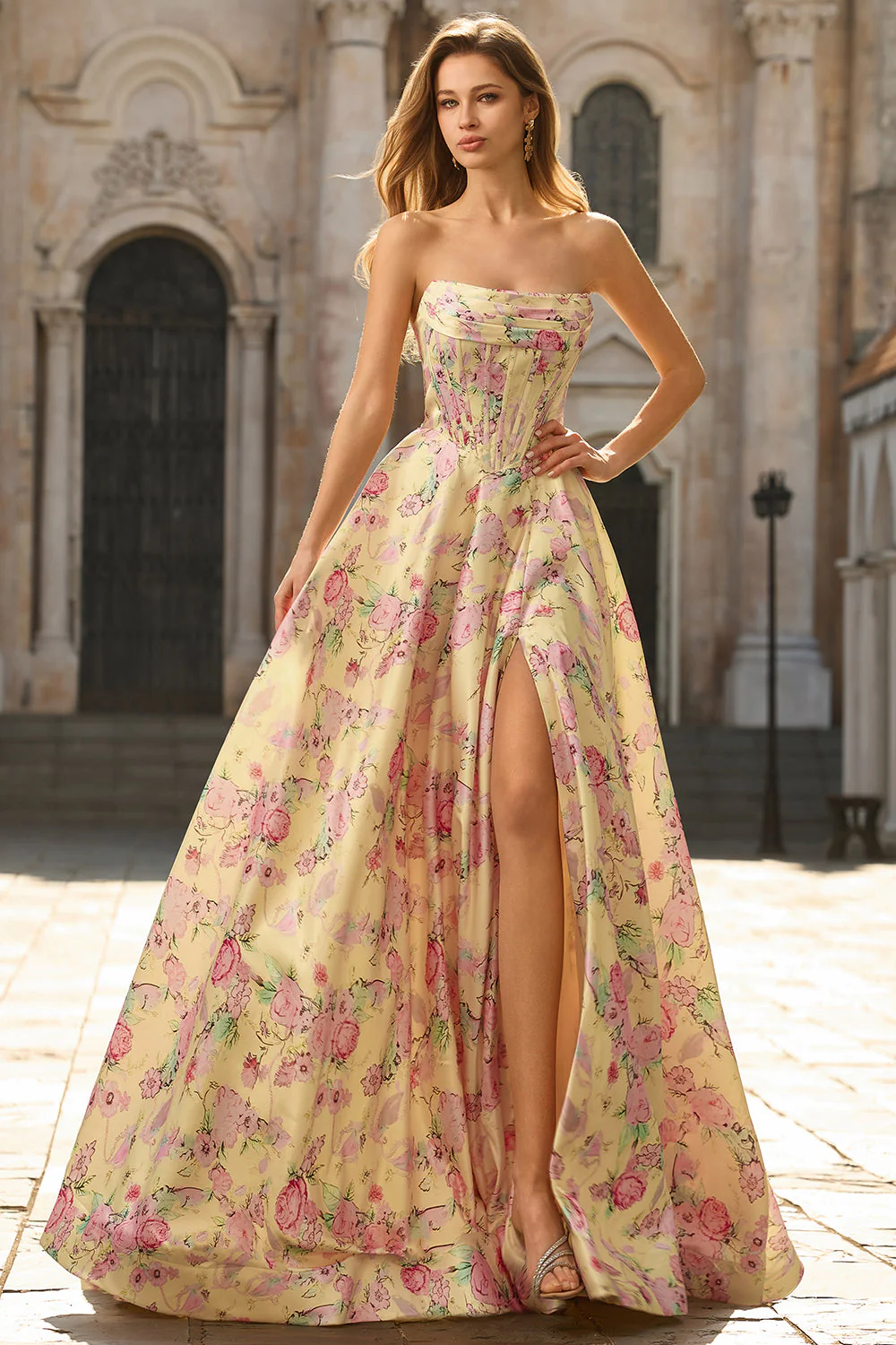 Yellow Strapless Floral A-Line Corset Backless Long Prom Dress with Slit - Image 4