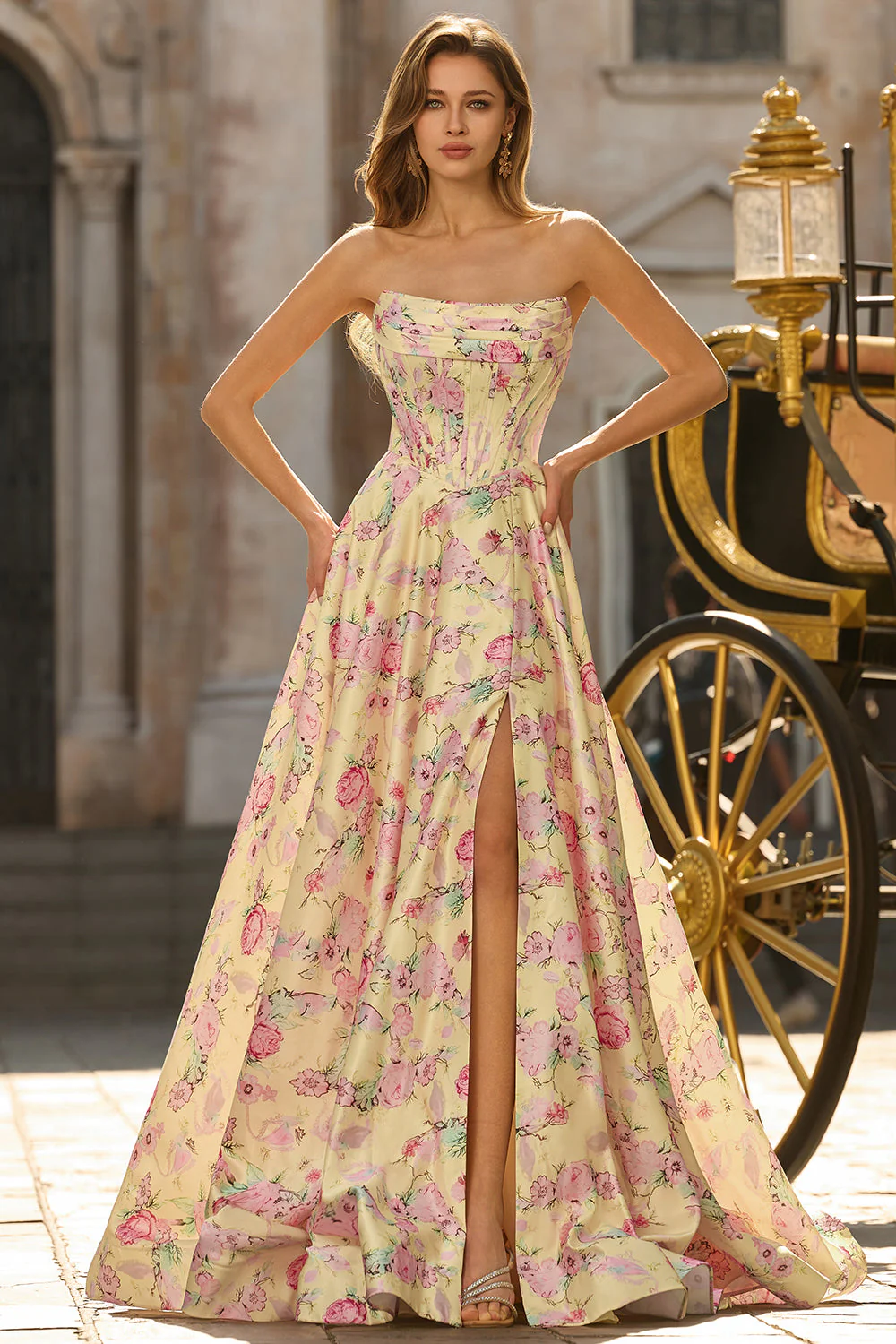 Yellow Strapless Floral A-Line Corset Backless Long Prom Dress with Slit - Image 6