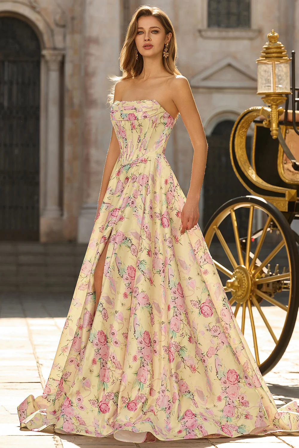 Yellow Strapless Floral A-Line Corset Backless Long Prom Dress with Slit - Image 7