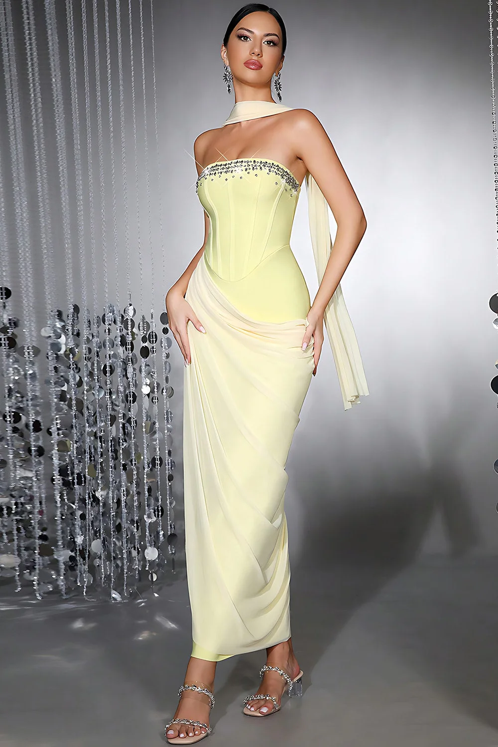 Yellow Strapless Sheath Beaded Corset Prom Dress with Streamer - Image 3