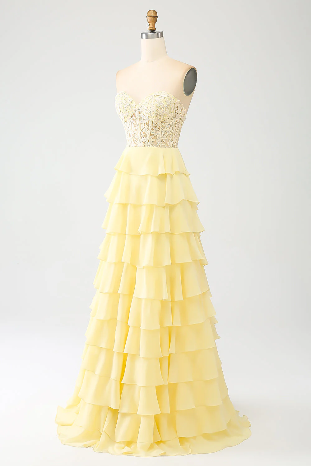 Yellow Sweetheart Tiered Prom Dress - Image 3