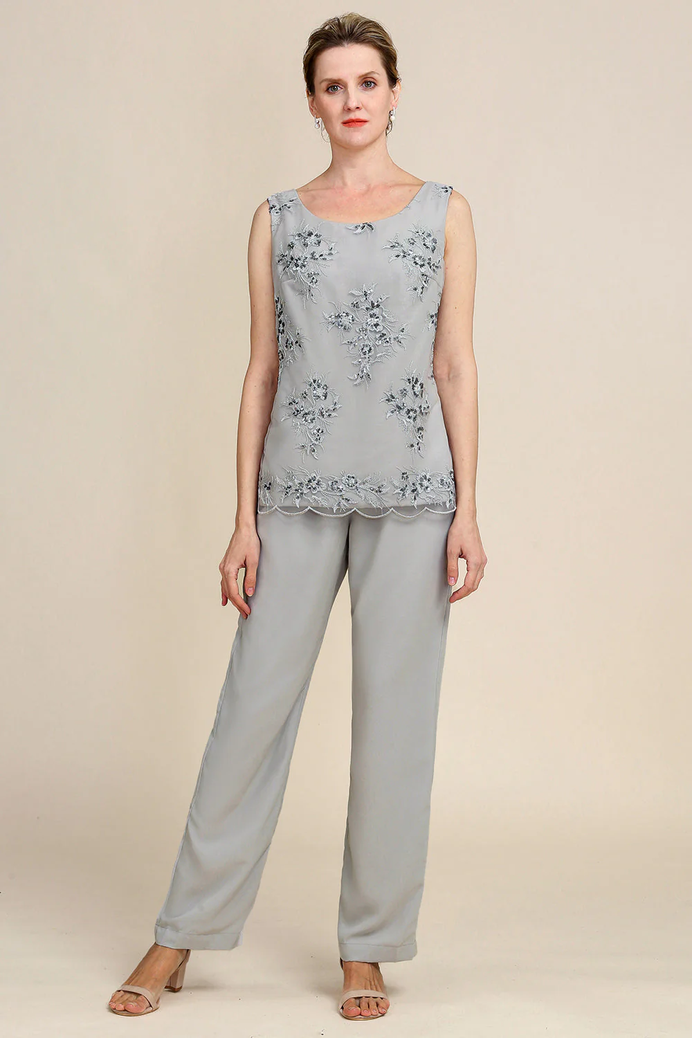 Zapaka Women Grey 3 Piece Mother of the Bride Pant Suits with Lace - Image 3