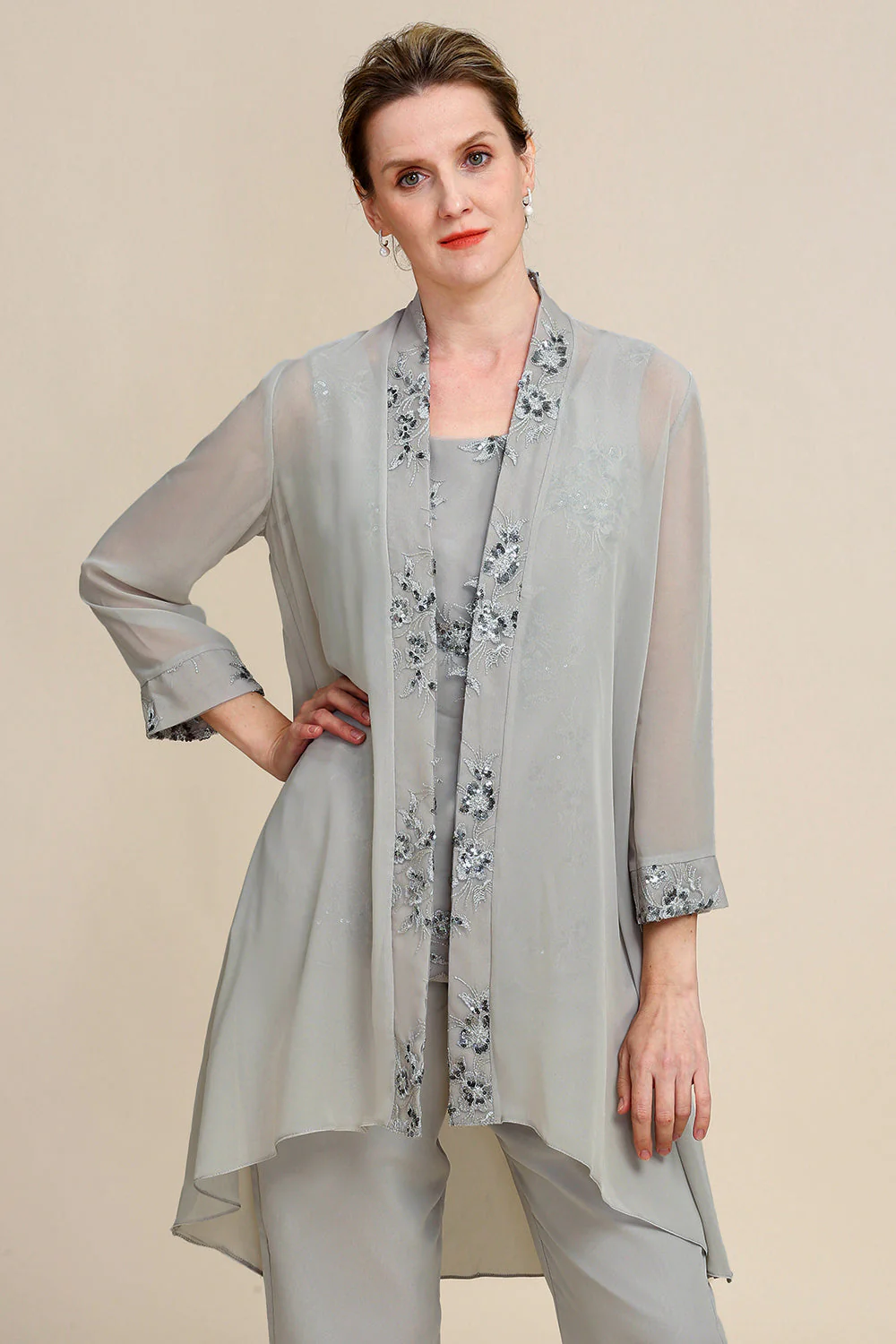 Zapaka Women Grey 3 Piece Mother of the Bride Pant Suits with Lace - Image 5