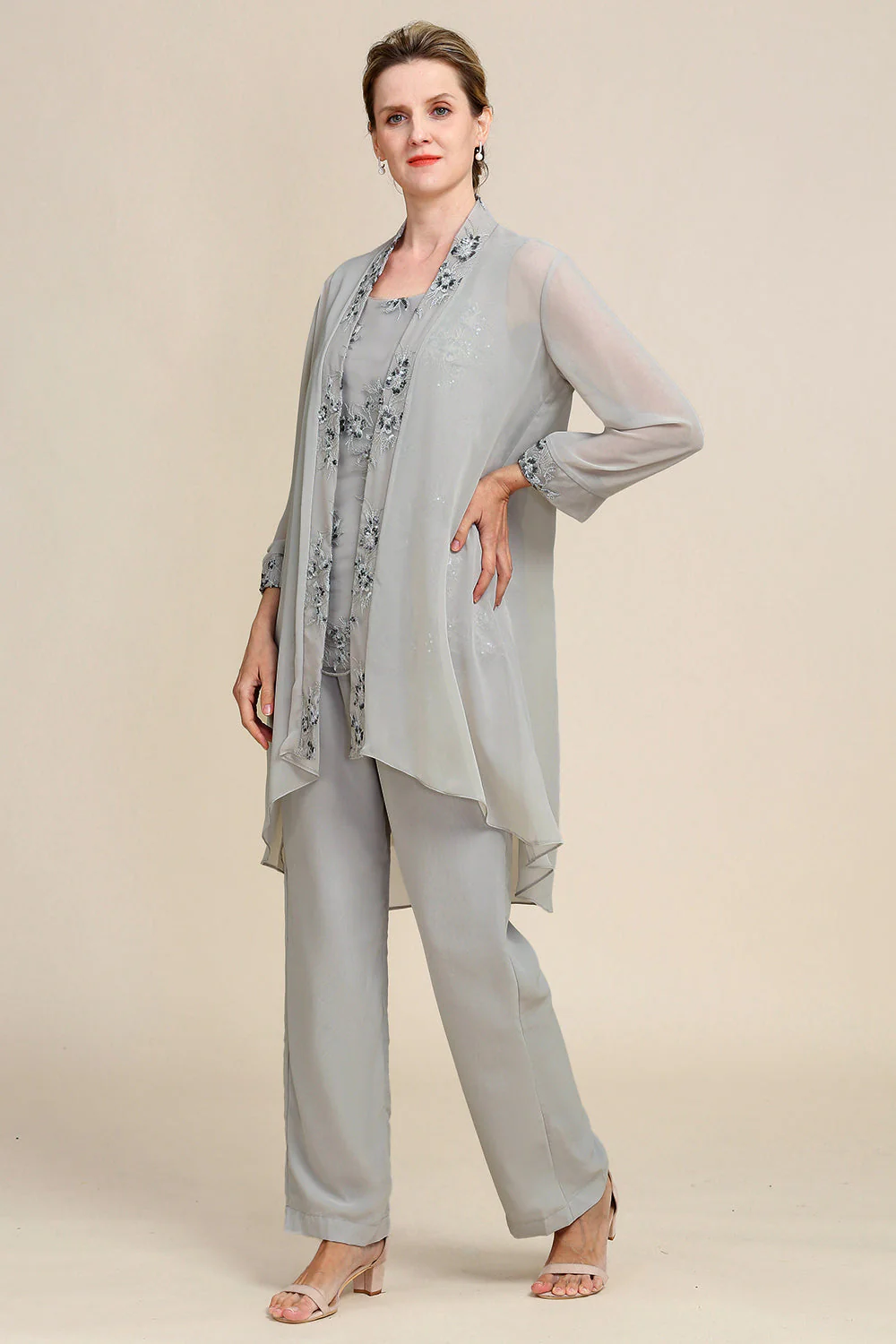 Zapaka Women Grey 3 Piece Mother of the Bride Pant Suits with Lace - Image 6