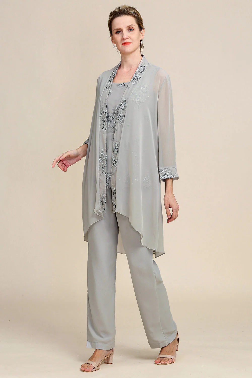 Zapaka Women Grey 3 Piece Mother of the Bride Pant Suits with Lace - Image 7